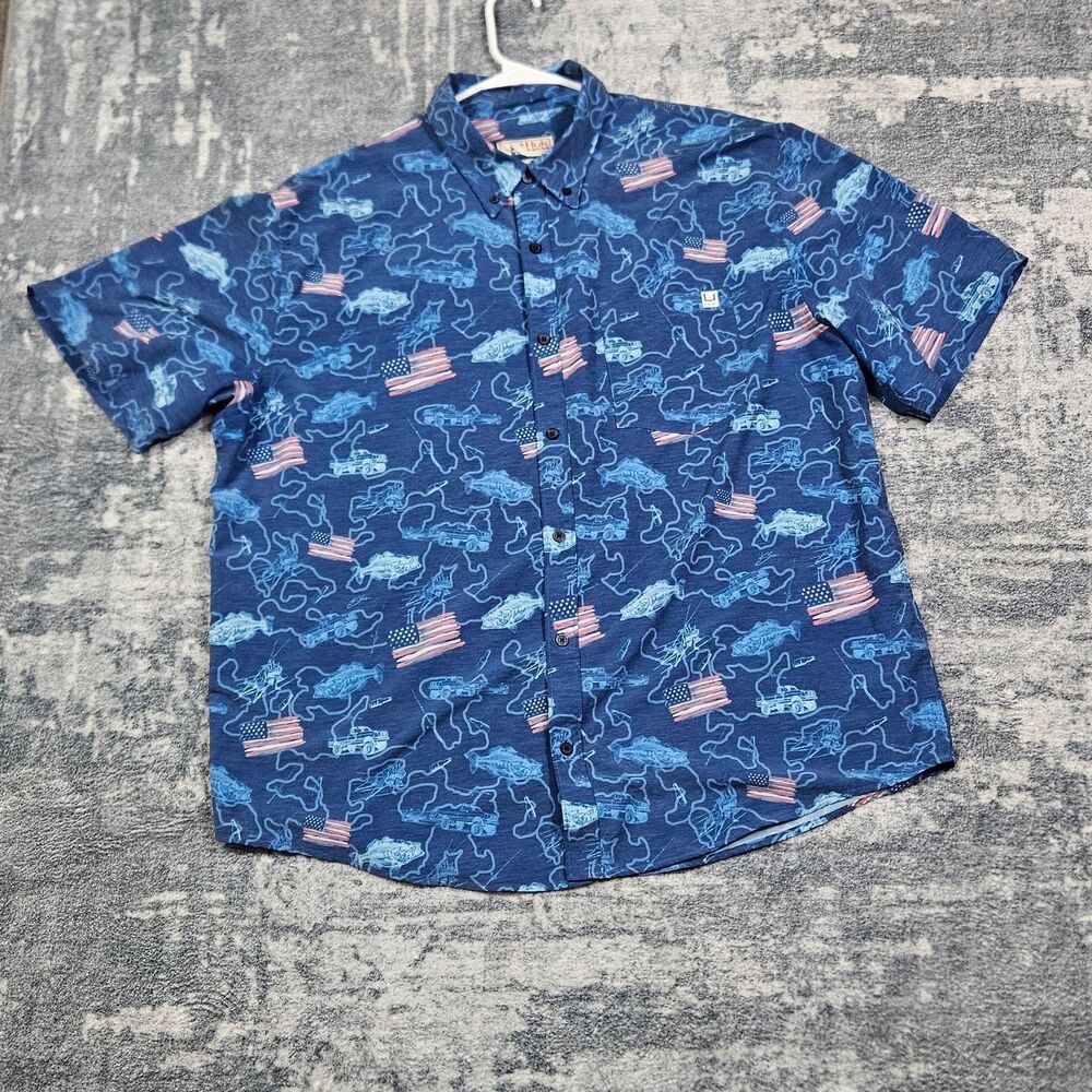 HUK Fishing Shirt Mens 2XL BLUE Kona Fish Flags Hawaiian USA Flag Patriotic